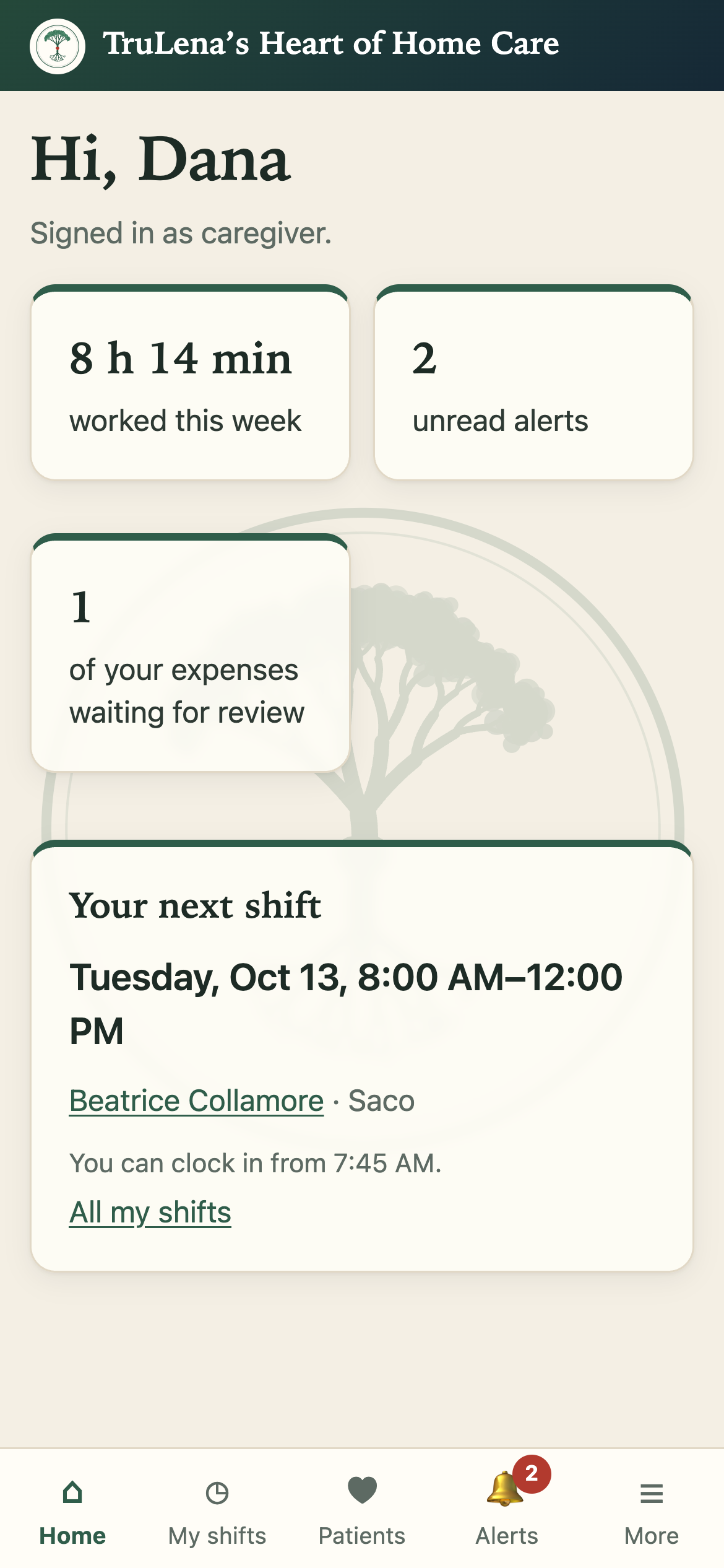 The caregiver's home screen on a phone: hours worked this week, unread alerts, an expense waiting for review, and the next shift with the time clock-in opens.
