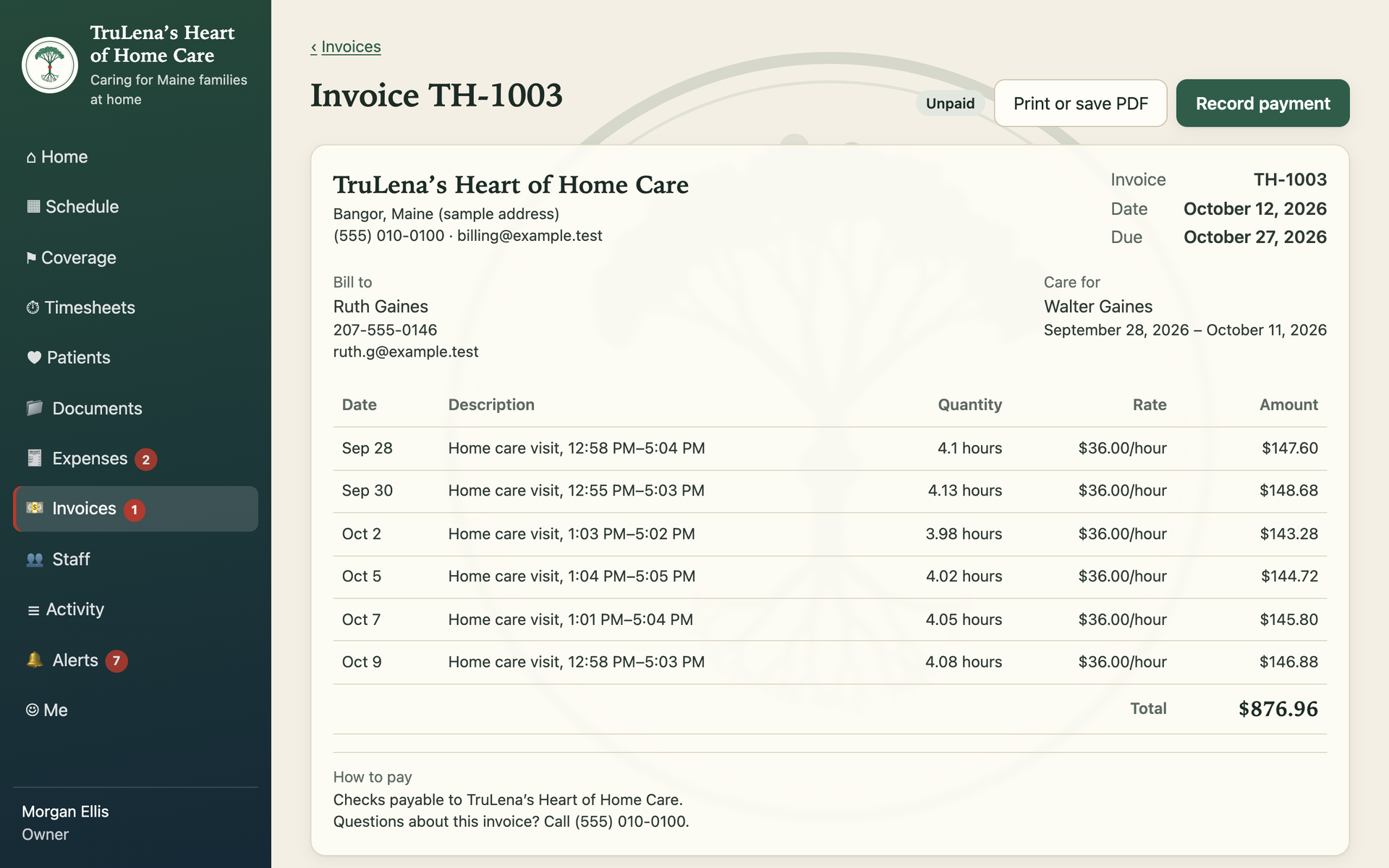 An issued invoice in the portal: the agency's details, bill-to contact, six home-care visits with hours, rate and amount, the total, and how to pay.