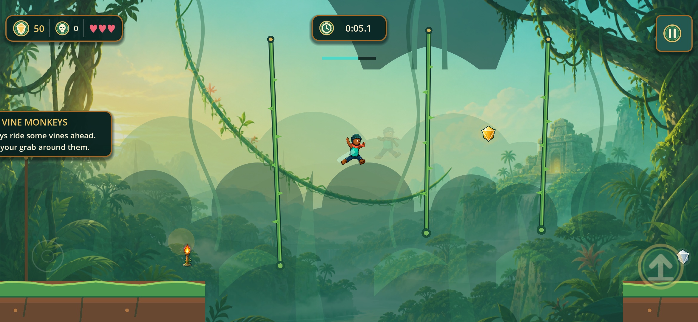 Vinerunner gameplay: swinging past a monkey and a jungle sign
